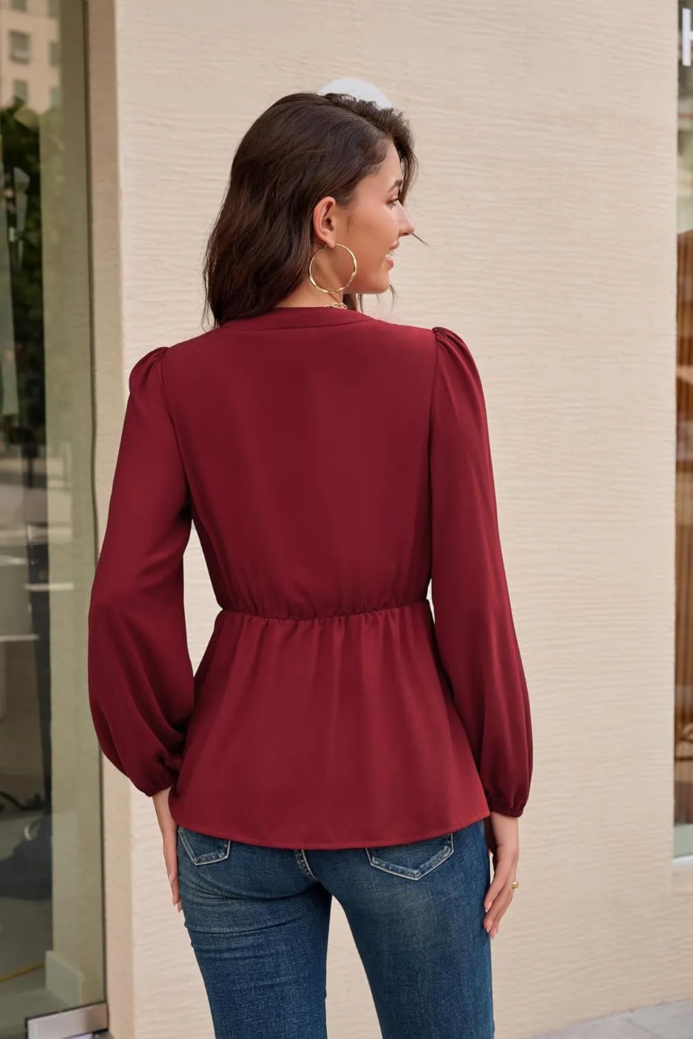 GRACE KARIN 2024 Women's Elegant Peplum Tops V Neck Tie Front Long Sleeve Shirts Tops Blouse