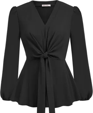 GRACE KARIN 2024 Women's Elegant Peplum Tops V Neck Tie Front Long Sleeve Shirts Tops Blouse