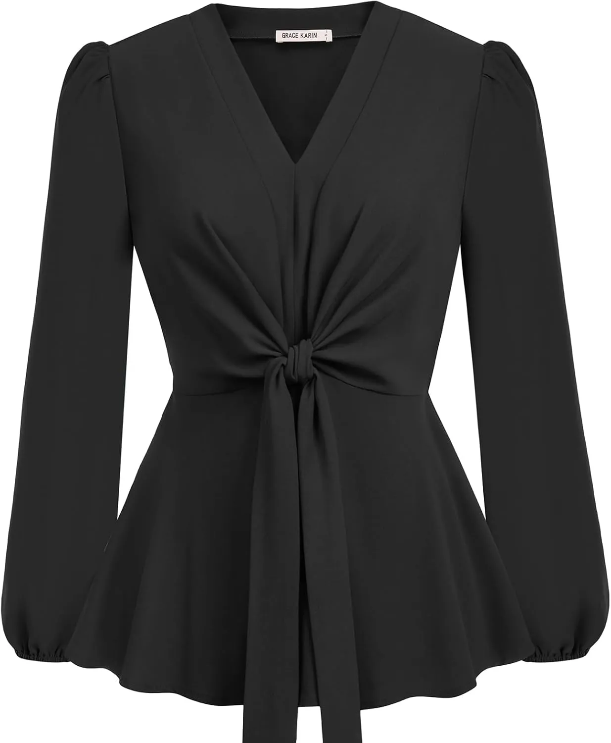 GRACE KARIN 2024 Women's Elegant Peplum Tops V Neck Tie Front Long Sleeve Shirts Tops Blouse