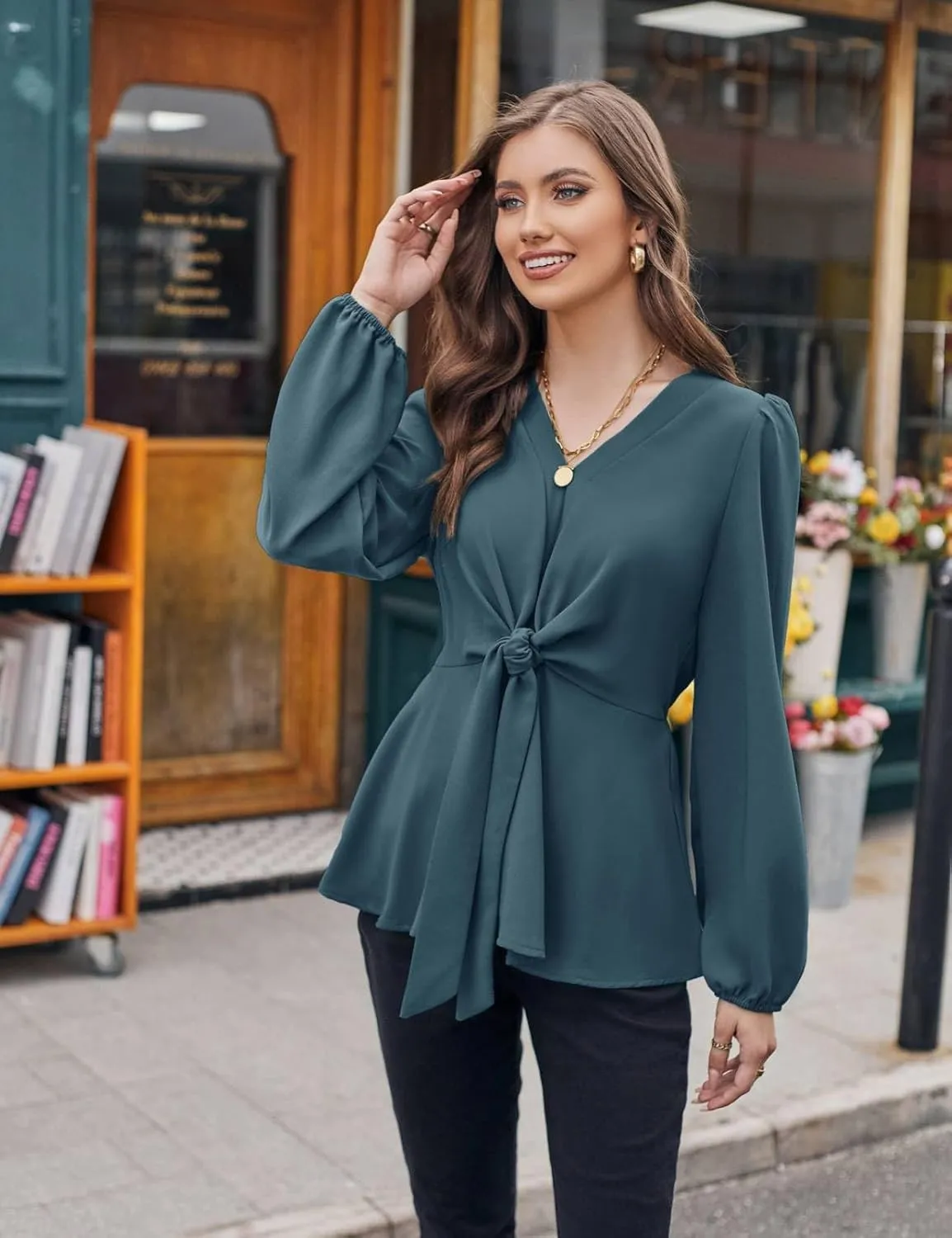 GRACE KARIN 2024 Women's Elegant Peplum Tops V Neck Tie Front Long Sleeve Shirts Tops Blouse