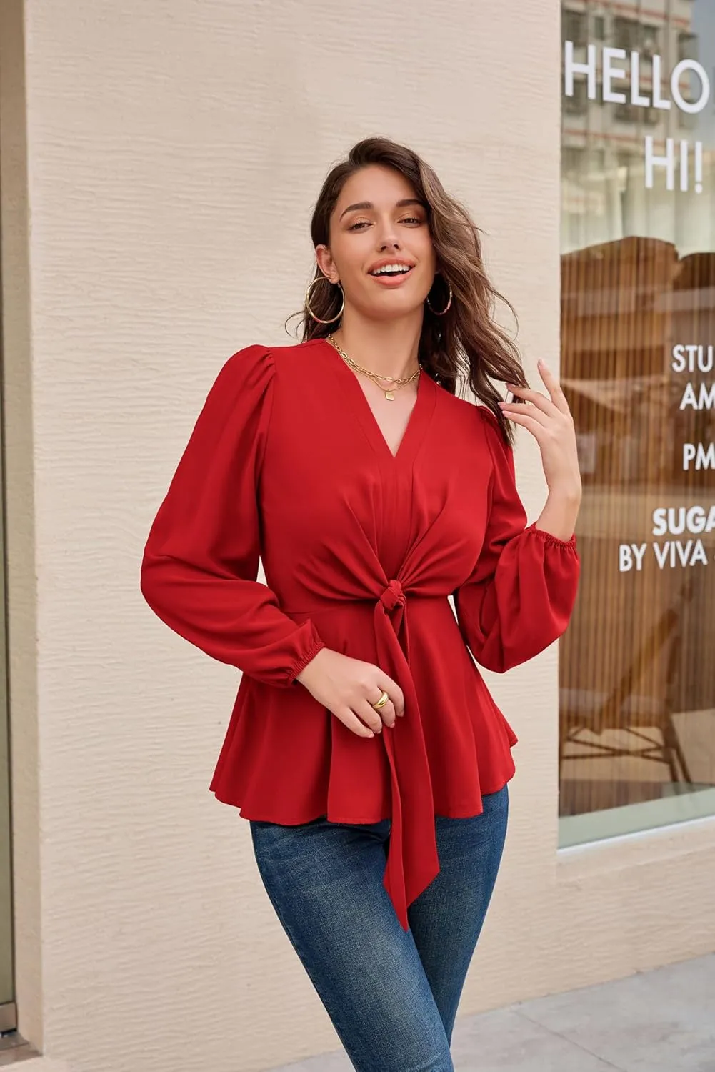 GRACE KARIN 2024 Women's Elegant Peplum Tops V Neck Tie Front Long Sleeve Shirts Tops Blouse