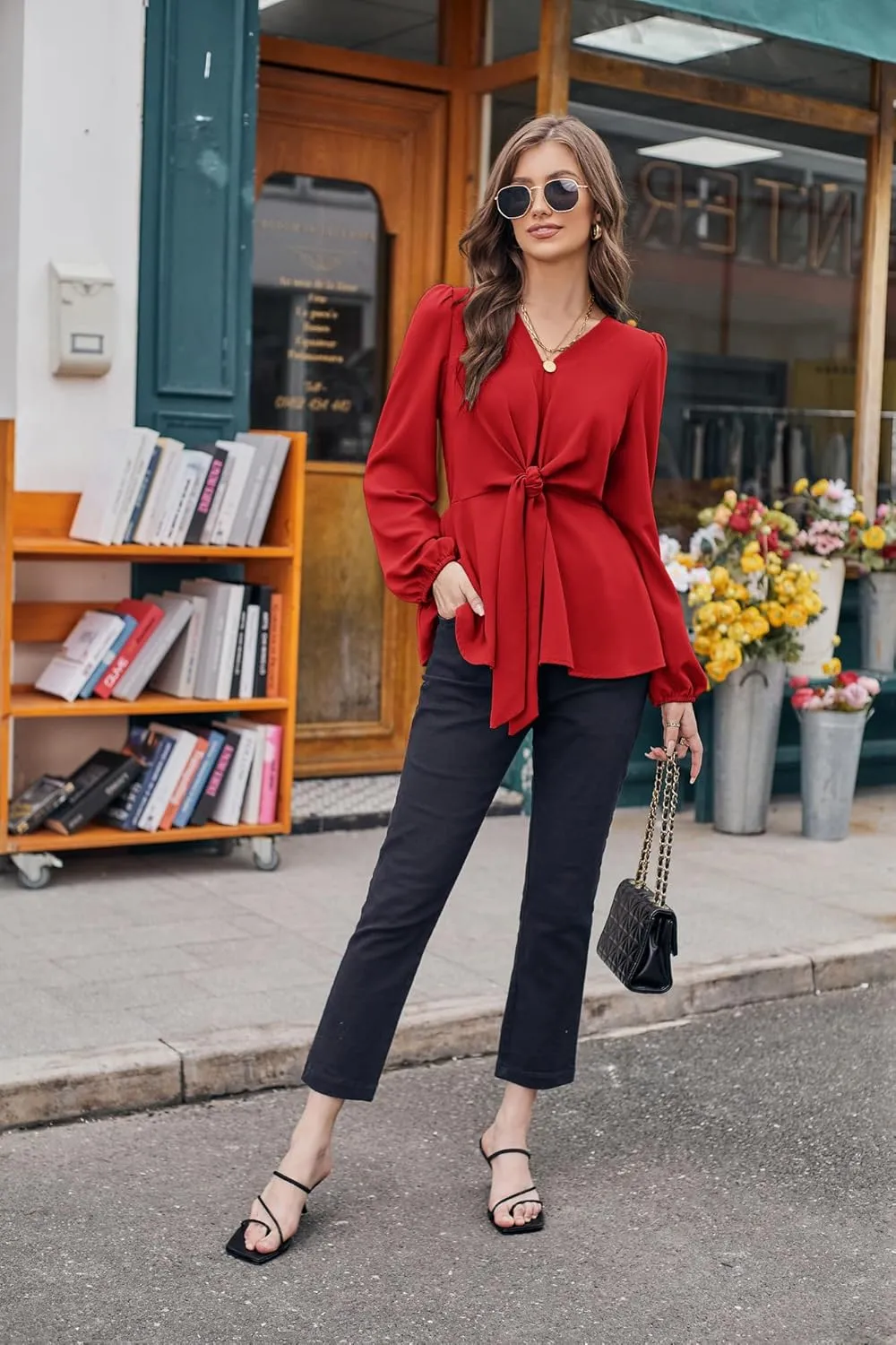 GRACE KARIN 2024 Women's Elegant Peplum Tops V Neck Tie Front Long Sleeve Shirts Tops Blouse