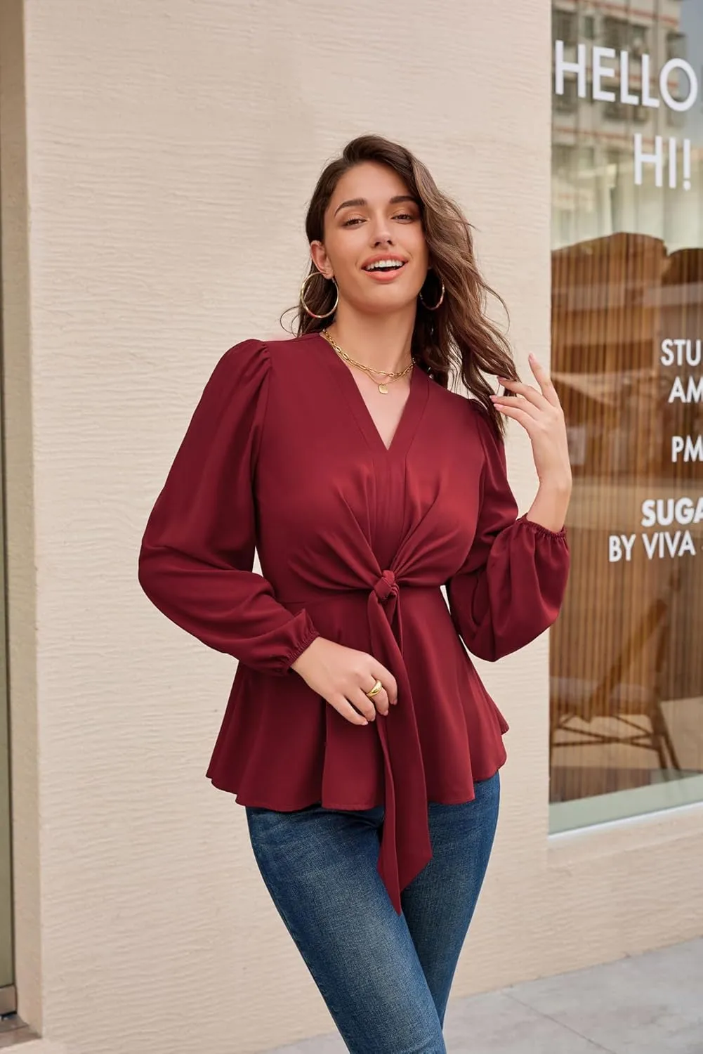 GRACE KARIN 2024 Women's Elegant Peplum Tops V Neck Tie Front Long Sleeve Shirts Tops Blouse