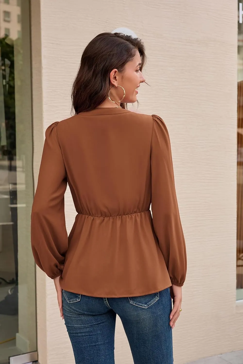 GRACE KARIN 2024 Women's Elegant Peplum Tops V Neck Tie Front Long Sleeve Shirts Tops Blouse