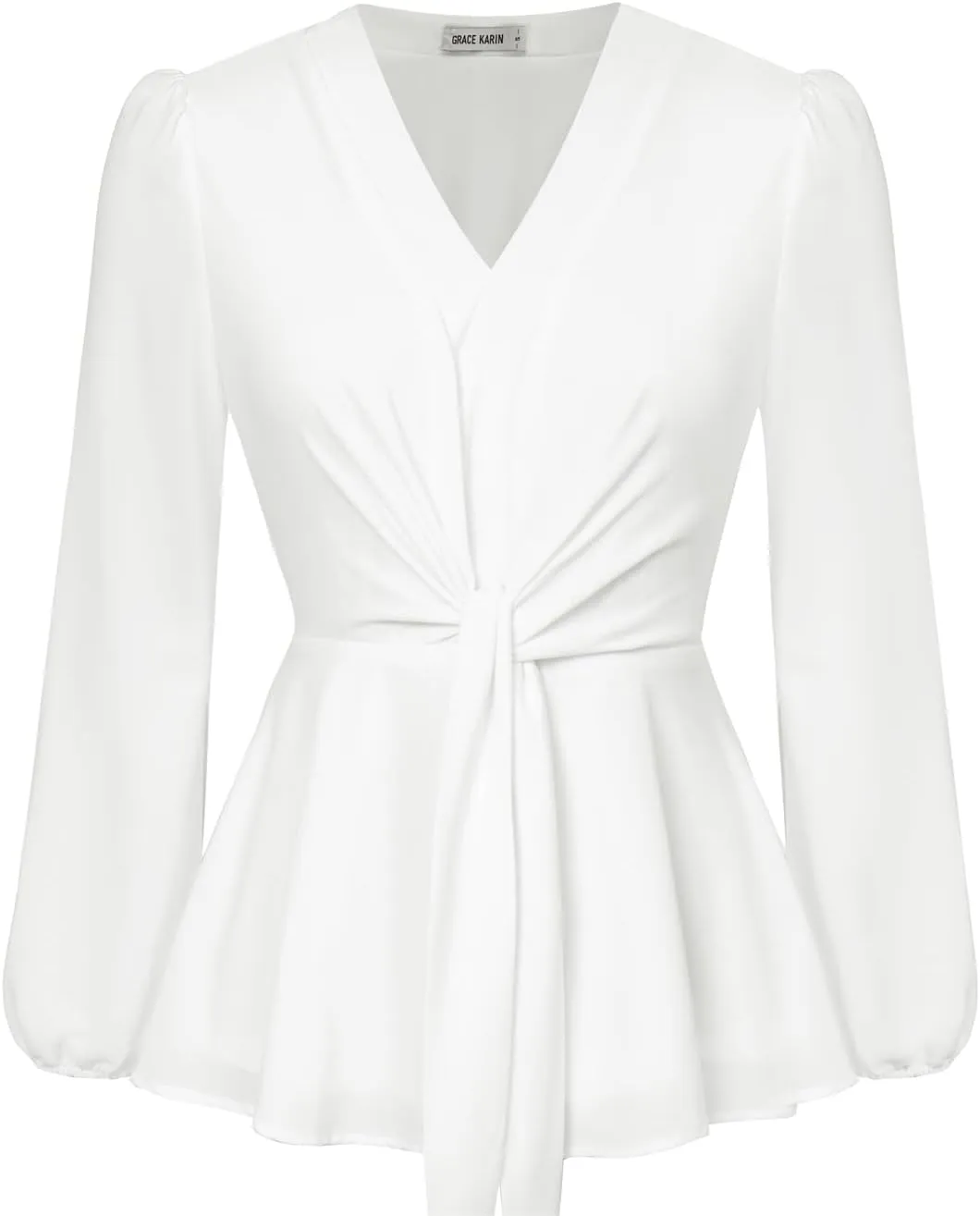GRACE KARIN 2024 Women's Elegant Peplum Tops V Neck Tie Front Long Sleeve Shirts Tops Blouse
