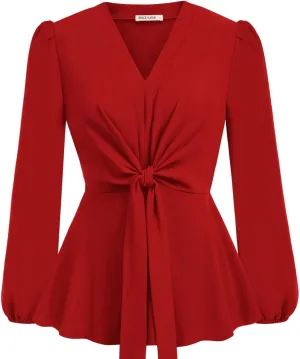 GRACE KARIN 2024 Women's Elegant Peplum Tops V Neck Tie Front Long Sleeve Shirts Tops Blouse