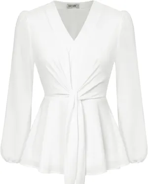 GRACE KARIN 2024 Women's Elegant Peplum Tops V Neck Tie Front Long Sleeve Shirts Tops Blouse