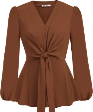 GRACE KARIN 2024 Women's Elegant Peplum Tops V Neck Tie Front Long Sleeve Shirts Tops Blouse