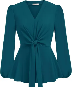 GRACE KARIN 2024 Women's Elegant Peplum Tops V Neck Tie Front Long Sleeve Shirts Tops Blouse