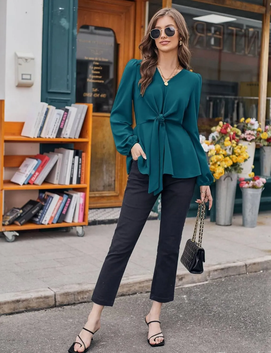 GRACE KARIN 2024 Women's Elegant Peplum Tops V Neck Tie Front Long Sleeve Shirts Tops Blouse