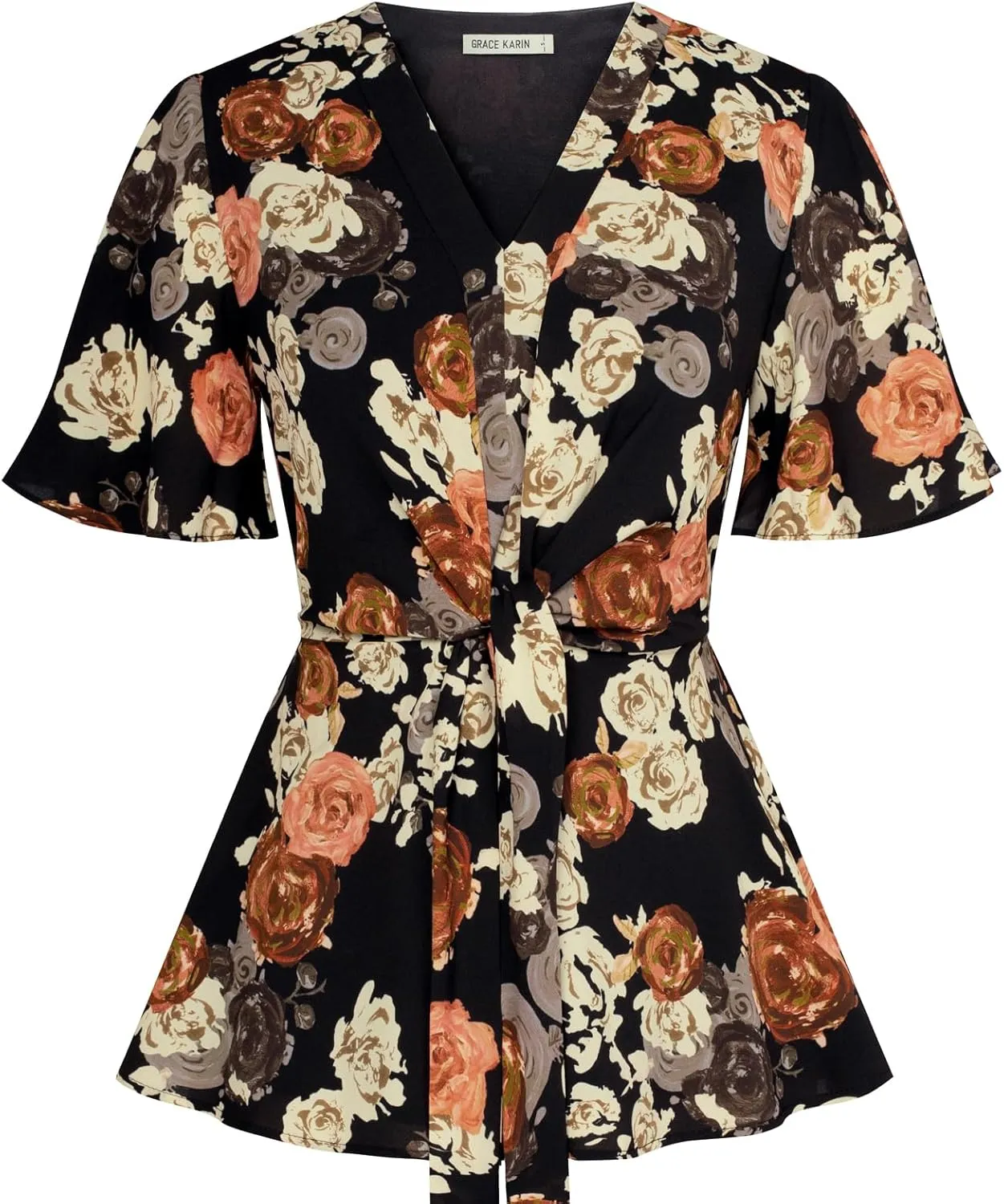 GRACE KARIN 2024 Women's Elegant V Neck Floral Peplum Tops Tie Front Short Bell Sleeve Shirts Tops Blouse