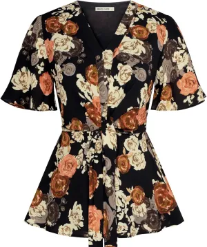 GRACE KARIN 2024 Women's Elegant V Neck Floral Peplum Tops Tie Front Short Bell Sleeve Shirts Tops Blouse