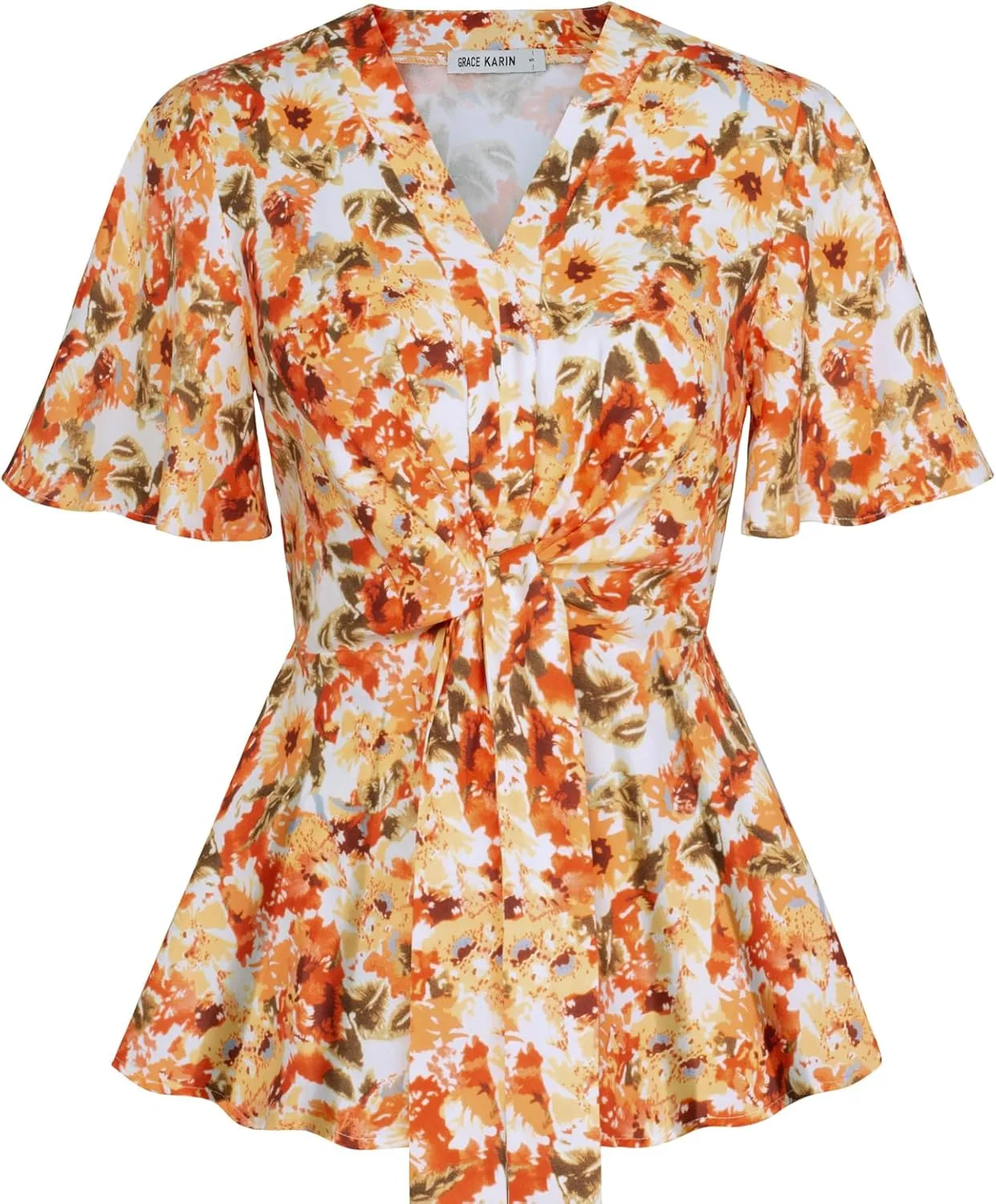 GRACE KARIN 2024 Women's Elegant V Neck Floral Peplum Tops Tie Front Short Bell Sleeve Shirts Tops Blouse