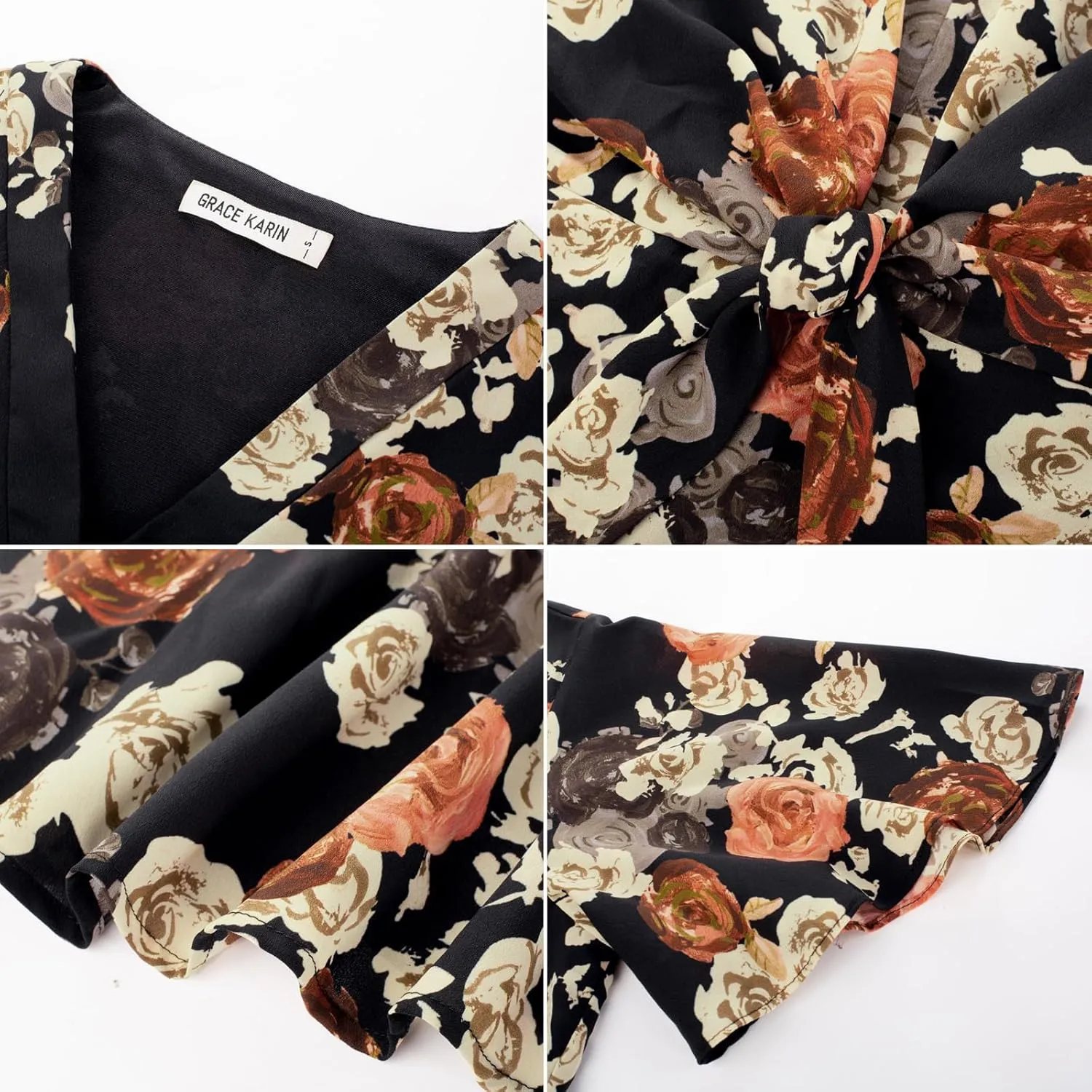 GRACE KARIN 2024 Women's Elegant V Neck Floral Peplum Tops Tie Front Short Bell Sleeve Shirts Tops Blouse