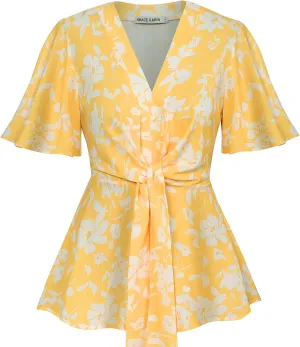 GRACE KARIN 2024 Women's Elegant V Neck Floral Peplum Tops Tie Front Short Bell Sleeve Shirts Tops Blouse