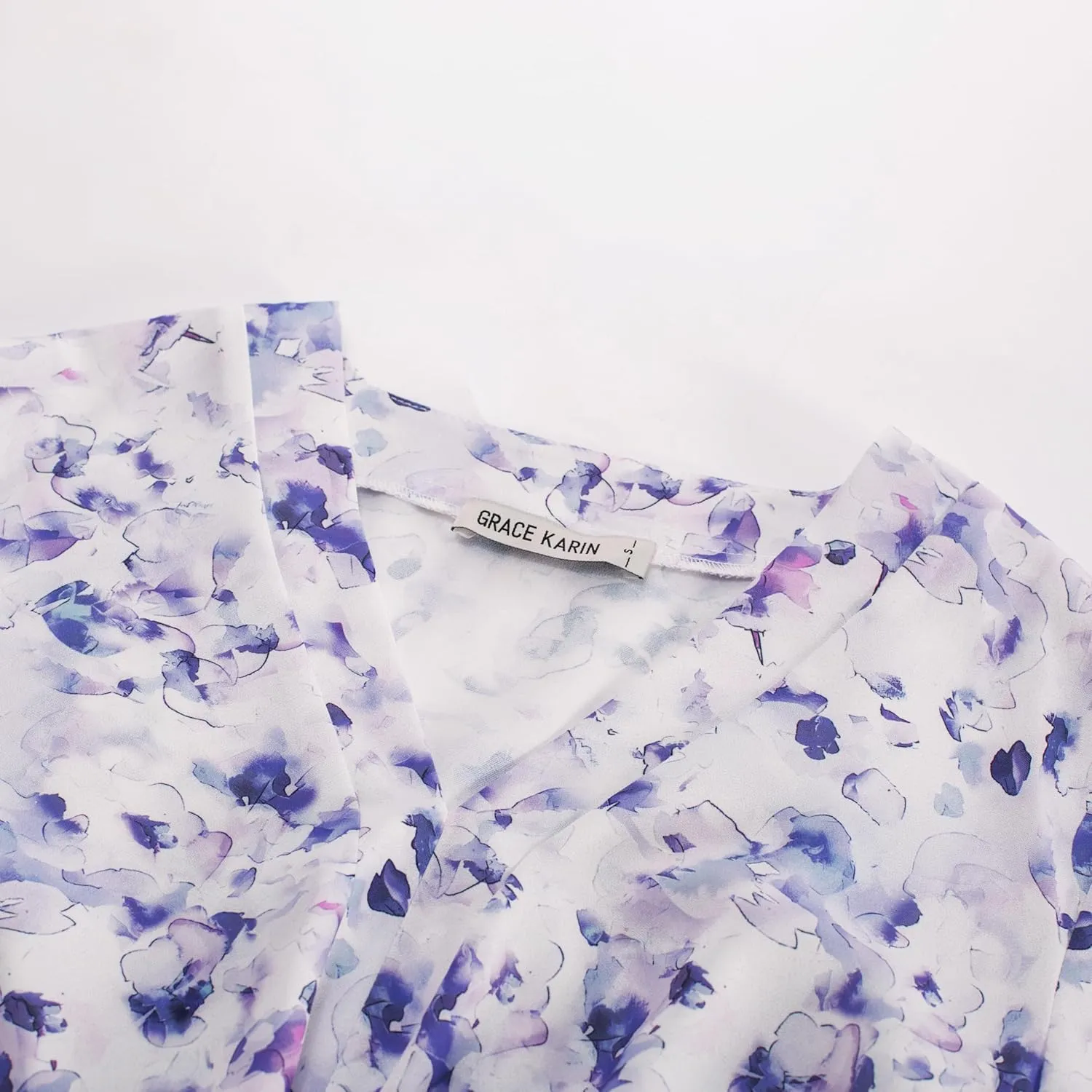 GRACE KARIN 2024 Women's Elegant V Neck Floral Peplum Tops Tie Front Short Bell Sleeve Shirts Tops Blouse