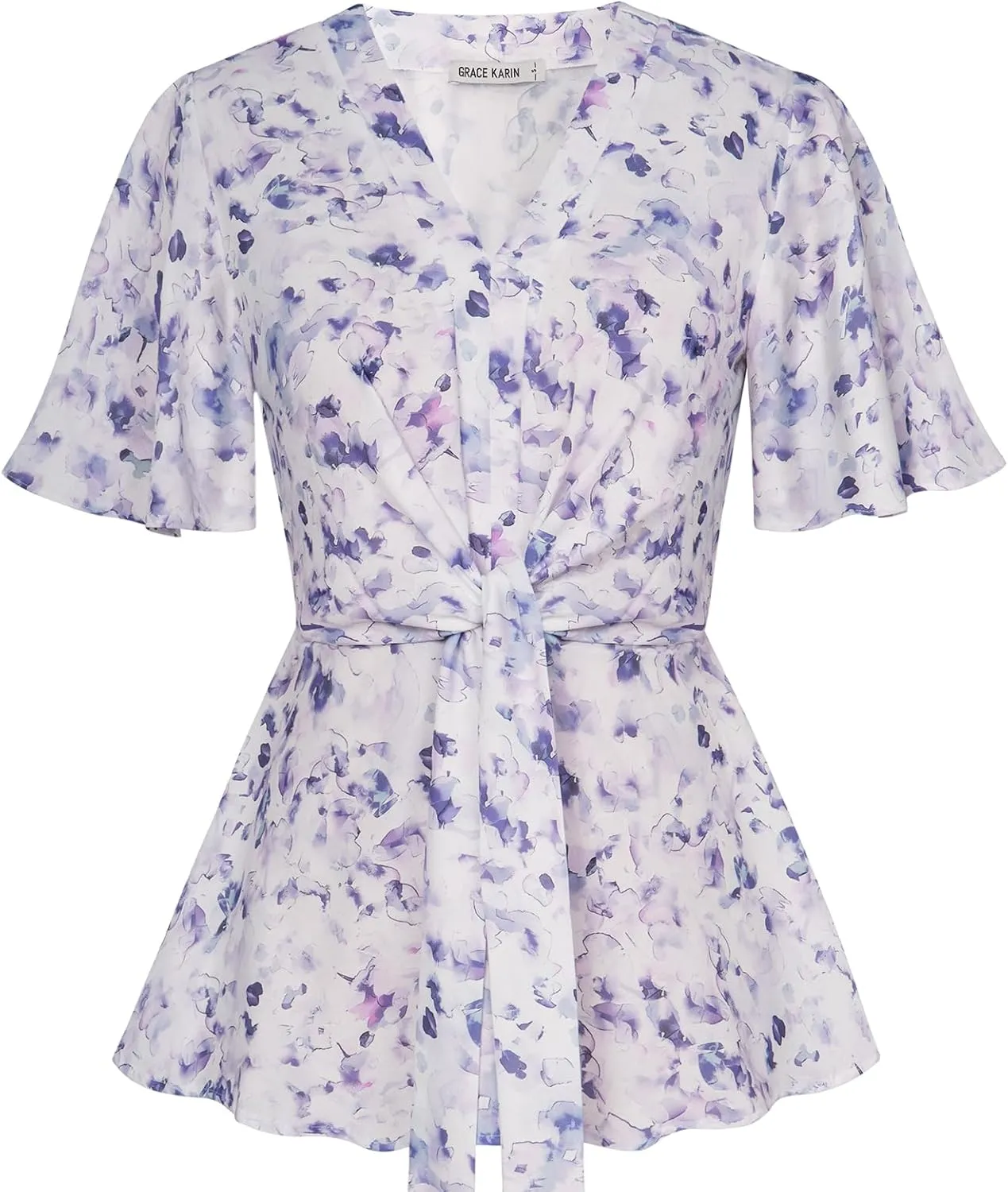 GRACE KARIN 2024 Women's Elegant V Neck Floral Peplum Tops Tie Front Short Bell Sleeve Shirts Tops Blouse