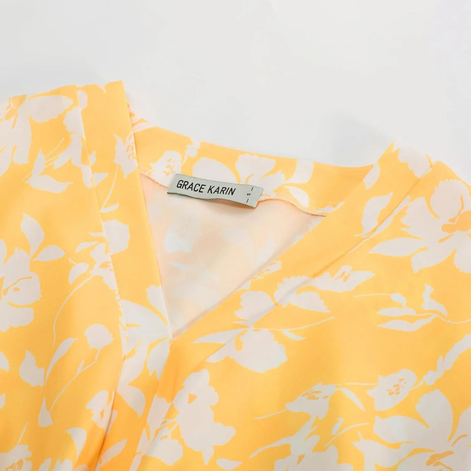 GRACE KARIN 2024 Women's Elegant V Neck Floral Peplum Tops Tie Front Short Bell Sleeve Shirts Tops Blouse
