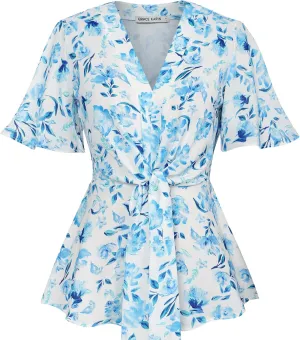GRACE KARIN 2024 Women's Elegant V Neck Floral Peplum Tops Tie Front Short Bell Sleeve Shirts Tops Blouse
