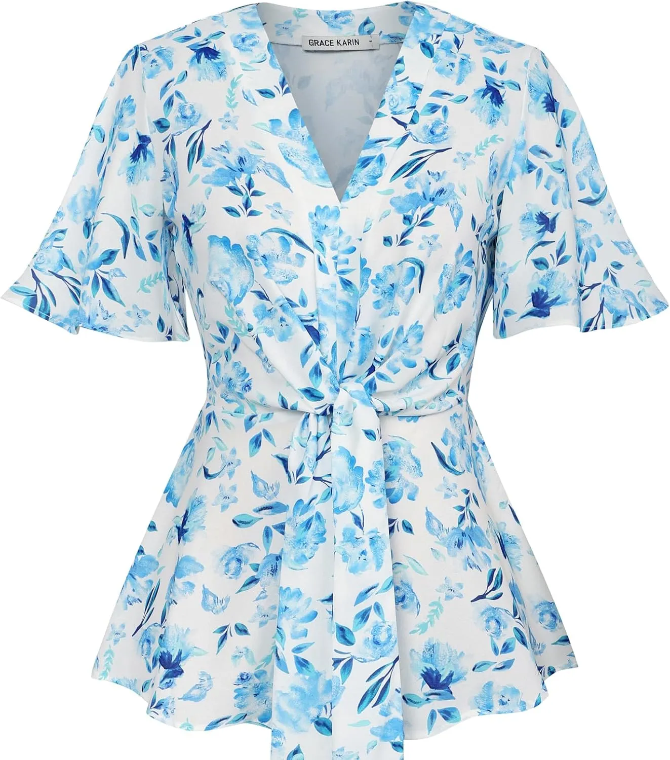 GRACE KARIN 2024 Women's Elegant V Neck Floral Peplum Tops Tie Front Short Bell Sleeve Shirts Tops Blouse