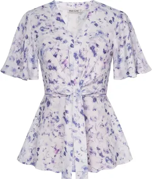 GRACE KARIN 2024 Women's Elegant V Neck Floral Peplum Tops Tie Front Short Bell Sleeve Shirts Tops Blouse