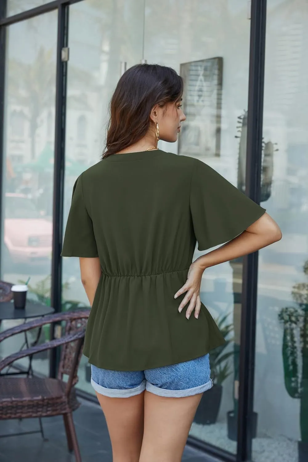 GRACE KARIN 2024 Women's Elegant V Neck Peplum Tops Tie Front Short Bell Sleeve Shirts Tops Blouse