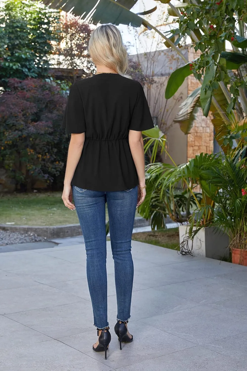 GRACE KARIN 2024 Women's Elegant V Neck Peplum Tops Tie Front Short Bell Sleeve Shirts Tops Blouse