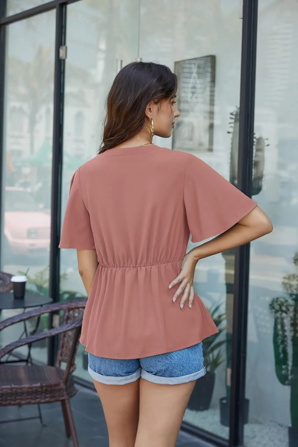 GRACE KARIN 2024 Women's Elegant V Neck Peplum Tops Tie Front Short Bell Sleeve Shirts Tops Blouse