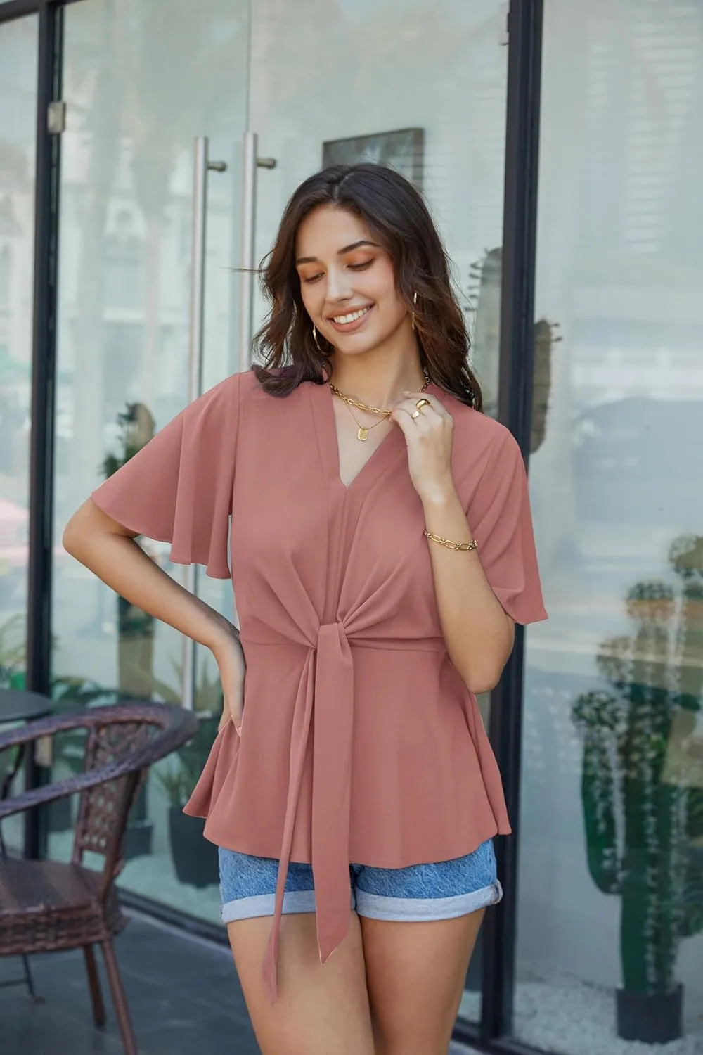 GRACE KARIN 2024 Women's Elegant V Neck Peplum Tops Tie Front Short Bell Sleeve Shirts Tops Blouse