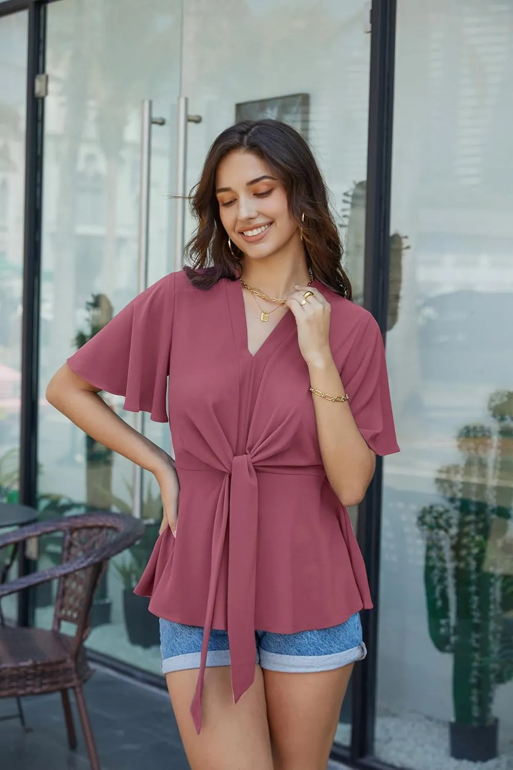 GRACE KARIN 2024 Women's Elegant V Neck Peplum Tops Tie Front Short Bell Sleeve Shirts Tops Blouse