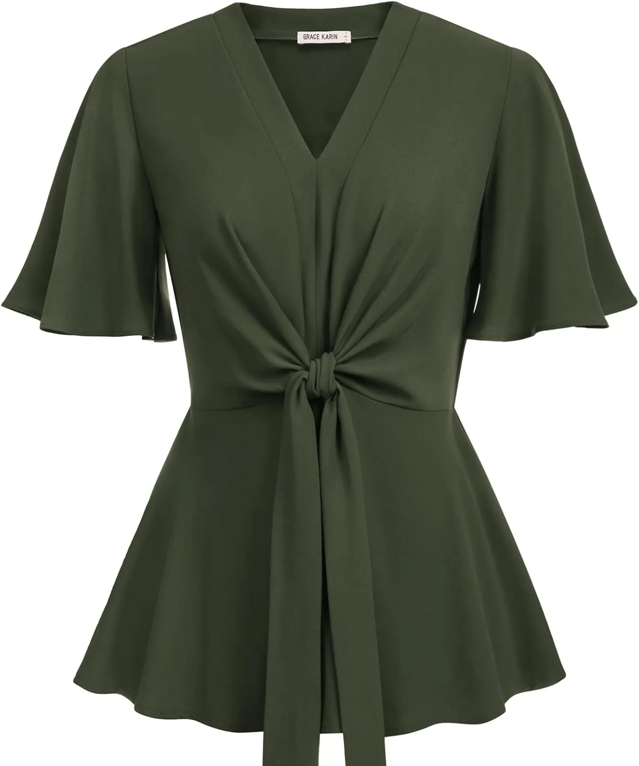 GRACE KARIN 2024 Women's Elegant V Neck Peplum Tops Tie Front Short Bell Sleeve Shirts Tops Blouse