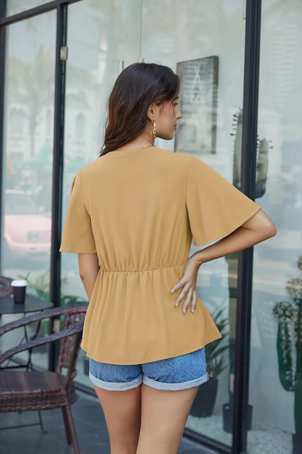 GRACE KARIN 2024 Women's Elegant V Neck Peplum Tops Tie Front Short Bell Sleeve Shirts Tops Blouse
