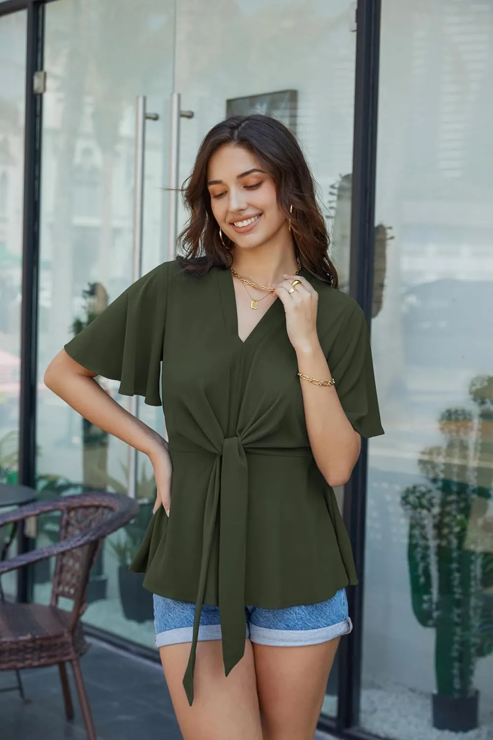 GRACE KARIN 2024 Women's Elegant V Neck Peplum Tops Tie Front Short Bell Sleeve Shirts Tops Blouse