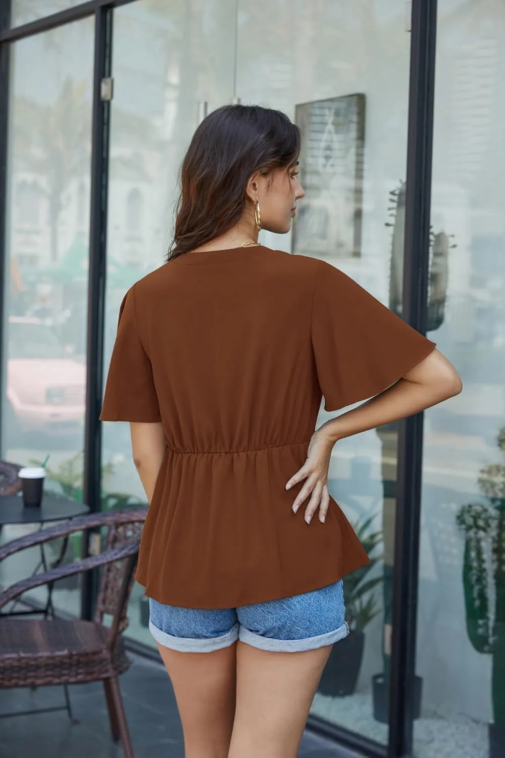 GRACE KARIN 2024 Women's Elegant V Neck Peplum Tops Tie Front Short Bell Sleeve Shirts Tops Blouse