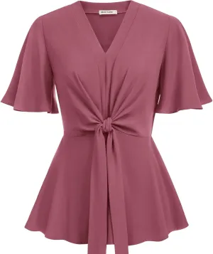 GRACE KARIN 2024 Women's Elegant V Neck Peplum Tops Tie Front Short Bell Sleeve Shirts Tops Blouse
