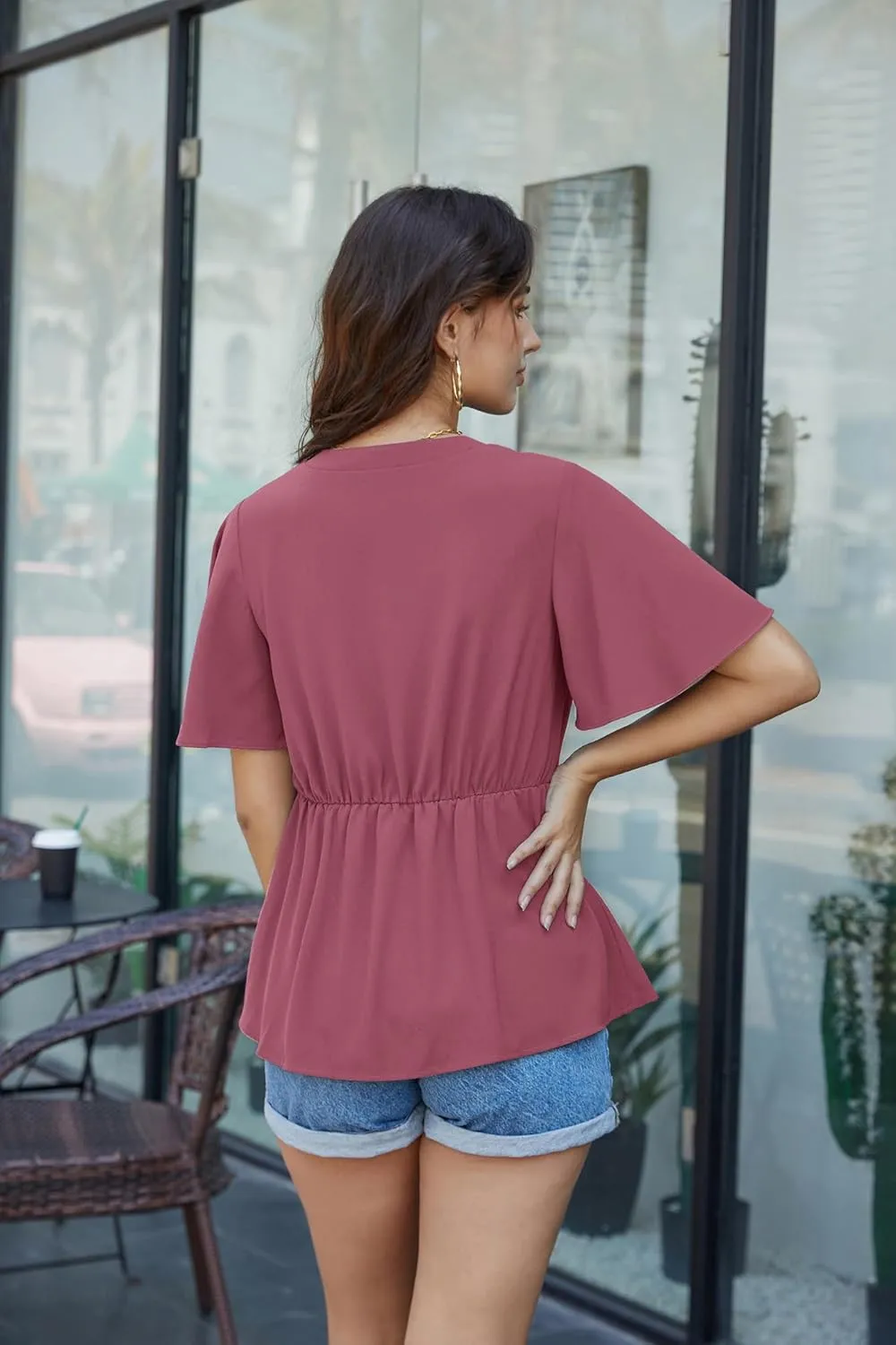 GRACE KARIN 2024 Women's Elegant V Neck Peplum Tops Tie Front Short Bell Sleeve Shirts Tops Blouse