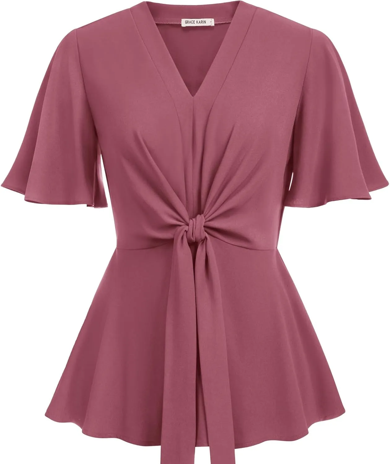 GRACE KARIN 2024 Women's Elegant V Neck Peplum Tops Tie Front Short Bell Sleeve Shirts Tops Blouse