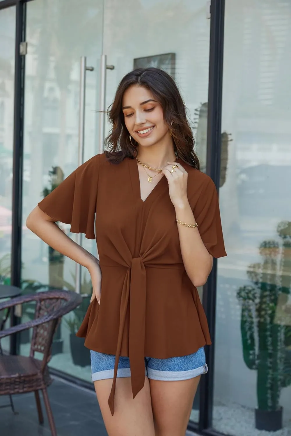 GRACE KARIN 2024 Women's Elegant V Neck Peplum Tops Tie Front Short Bell Sleeve Shirts Tops Blouse