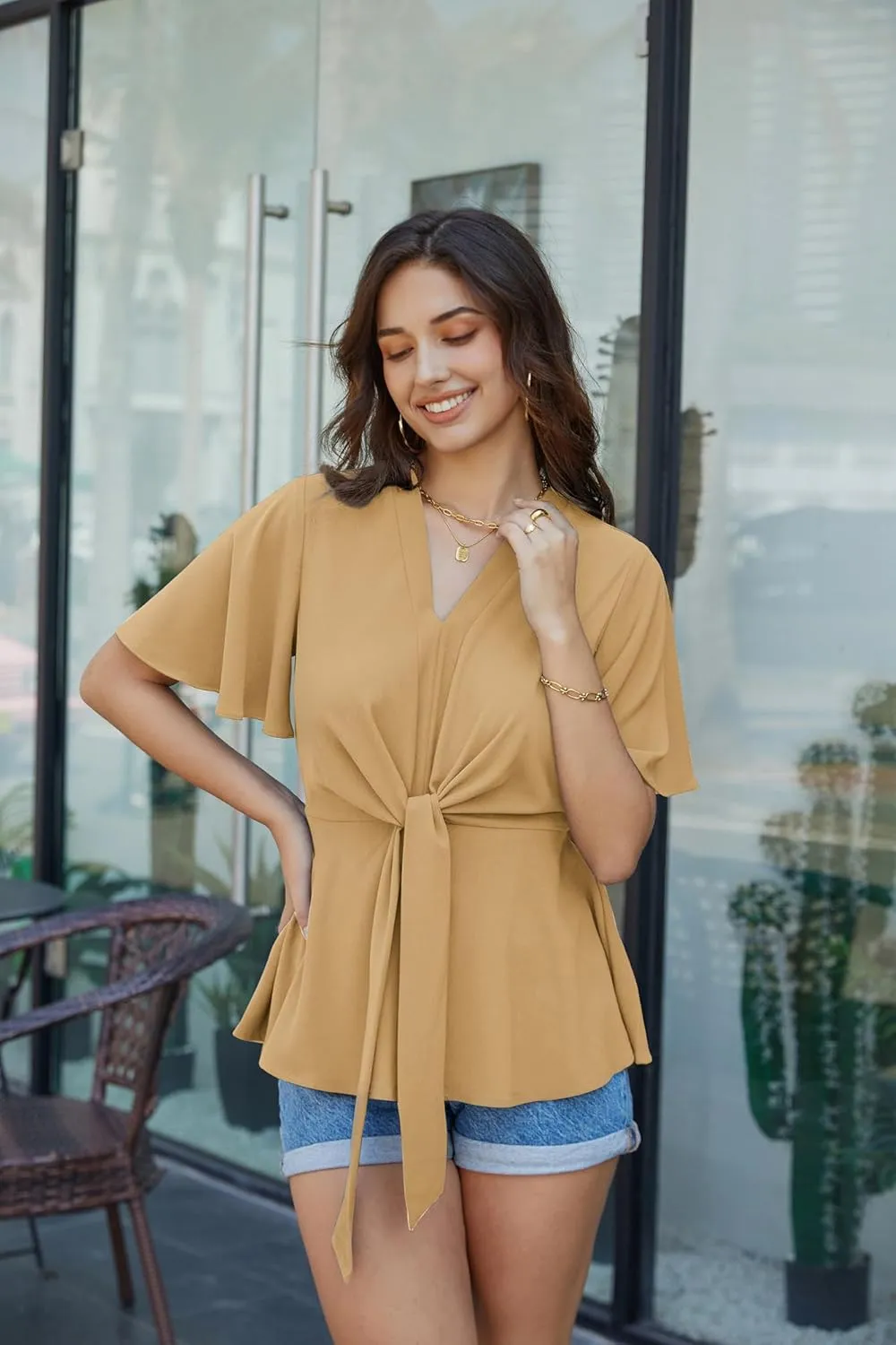 GRACE KARIN 2024 Women's Elegant V Neck Peplum Tops Tie Front Short Bell Sleeve Shirts Tops Blouse