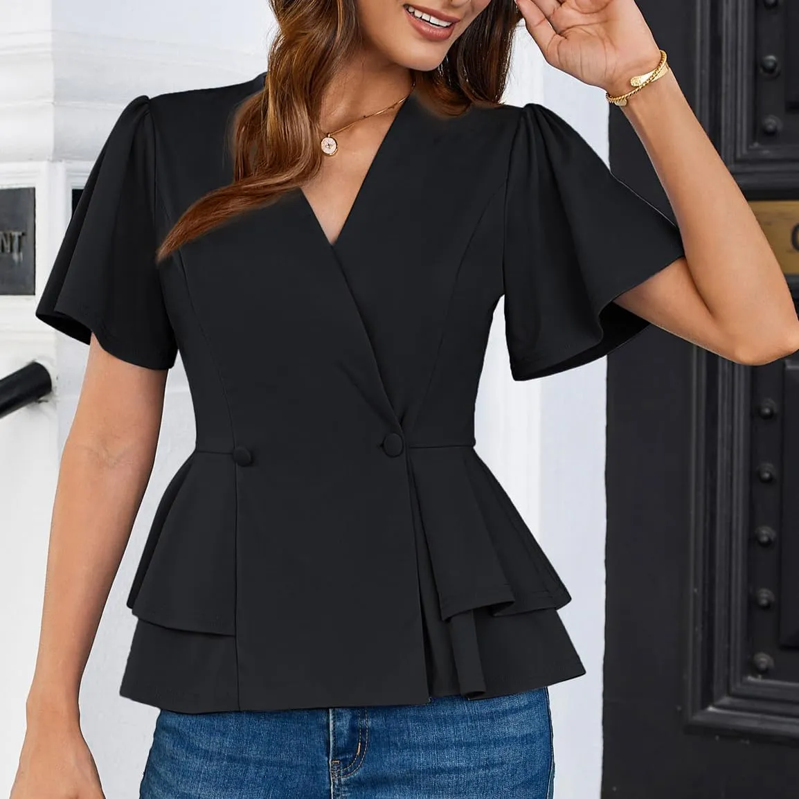 GRACE KARIN 2025 Women's Business Casual Outfits Peplum Tops Dressy Summer Short Sleeve V Neck Wrap Work Blouse Shirts