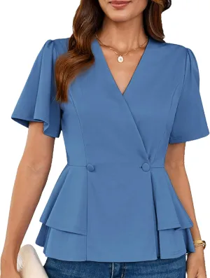 GRACE KARIN 2025 Women's Business Casual Outfits Peplum Tops Dressy Summer Short Sleeve V Neck Wrap Work Blouse Shirts