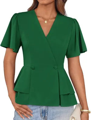 GRACE KARIN 2025 Women's Business Casual Outfits Peplum Tops Dressy Summer Short Sleeve V Neck Wrap Work Blouse Shirts