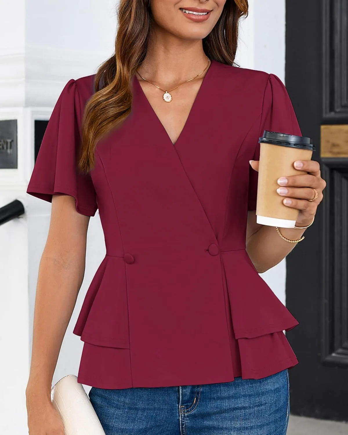 GRACE KARIN 2025 Women's Business Casual Outfits Peplum Tops Dressy Summer Short Sleeve V Neck Wrap Work Blouse Shirts