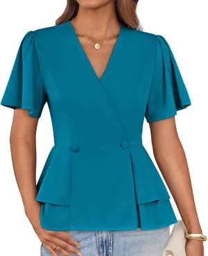 GRACE KARIN 2025 Women's Business Casual Outfits Peplum Tops Dressy Summer Short Sleeve V Neck Wrap Work Blouse Shirts
