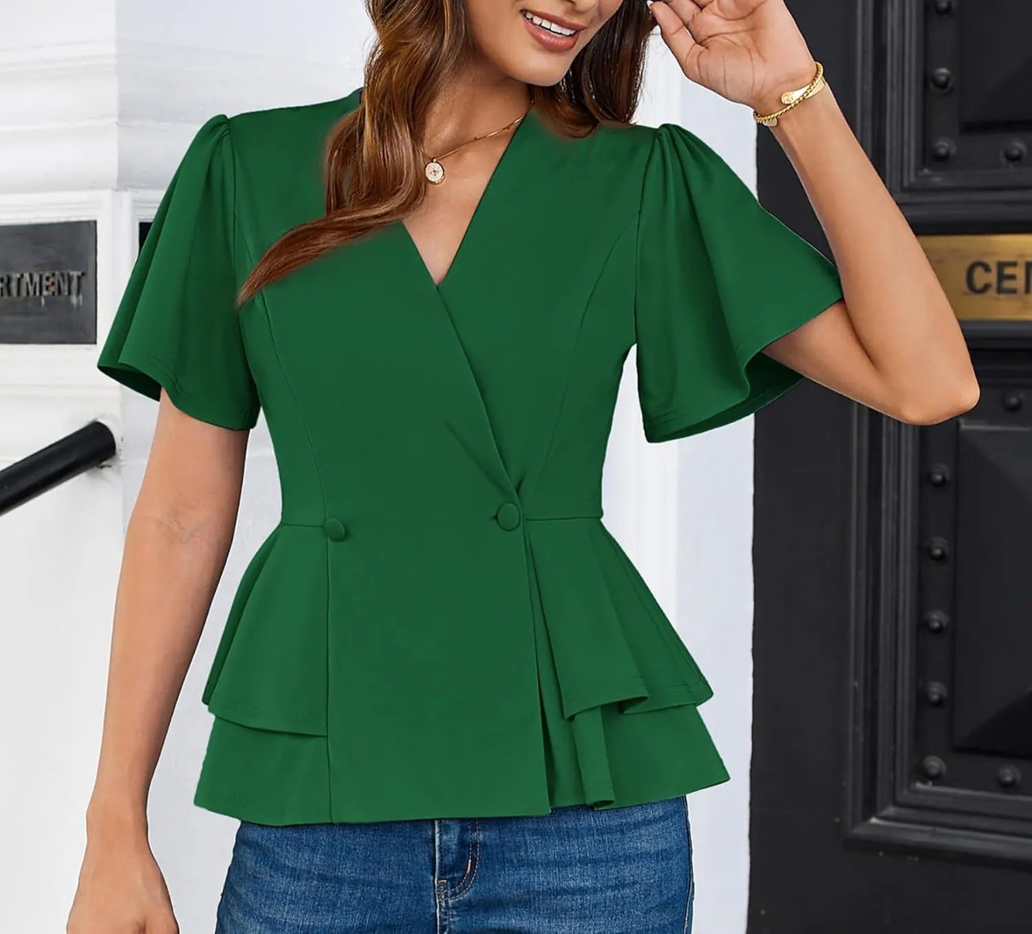 GRACE KARIN 2025 Women's Business Casual Outfits Peplum Tops Dressy Summer Short Sleeve V Neck Wrap Work Blouse Shirts