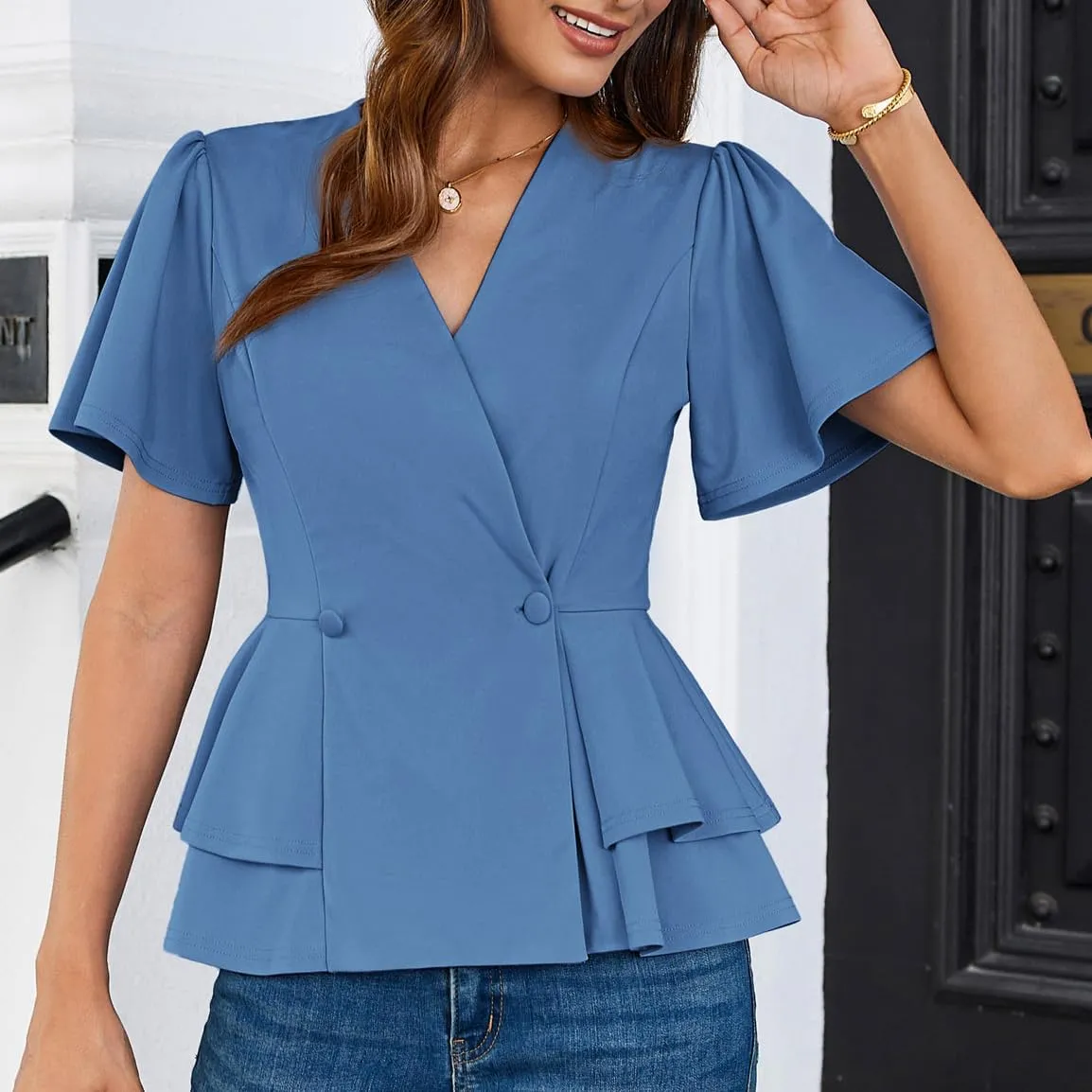 GRACE KARIN 2025 Women's Business Casual Outfits Peplum Tops Dressy Summer Short Sleeve V Neck Wrap Work Blouse Shirts