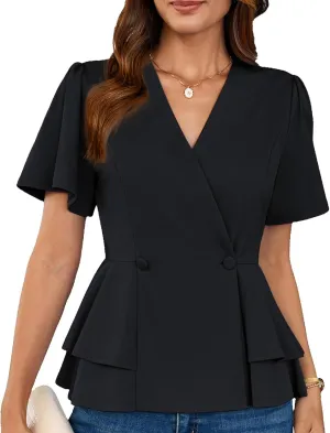 GRACE KARIN 2025 Women's Business Casual Outfits Peplum Tops Dressy Summer Short Sleeve V Neck Wrap Work Blouse Shirts