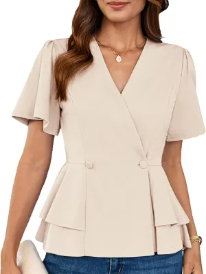GRACE KARIN 2025 Women's Business Casual Outfits Peplum Tops Dressy Summer Short Sleeve V Neck Wrap Work Blouse Shirts