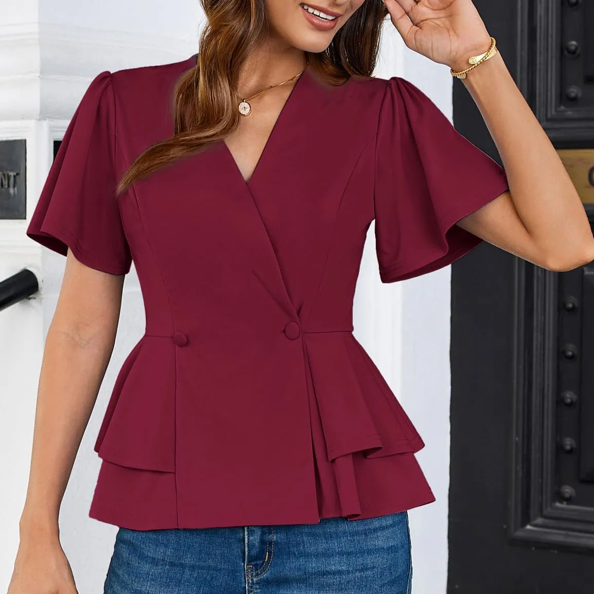 GRACE KARIN 2025 Women's Business Casual Outfits Peplum Tops Dressy Summer Short Sleeve V Neck Wrap Work Blouse Shirts