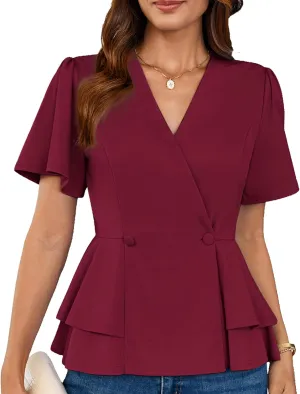 GRACE KARIN 2025 Women's Business Casual Outfits Peplum Tops Dressy Summer Short Sleeve V Neck Wrap Work Blouse Shirts